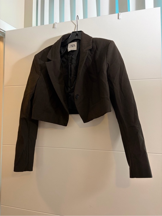 Zara Jackets & Blazers - Zara Cropped Dark Checked Blazer